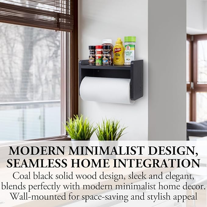 MyGift Modern Coal Black Solid Wood Wall Mounted Paper Towel Roll Holder and Top Shelf, Hanging Kitchen Disposable Napkin Dispenser with Spice Storage Rack