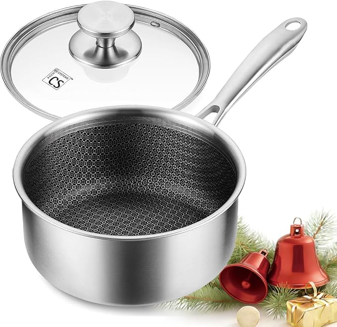 KOCH SYSTEME CS Hybrid Nonstick Stainless Steel Sauce Pan 3QT, Tri-ply Stainless Steel Pot with Honeycomb Interior, Hybrid Sauce Pan with Lid, 18/10 Steel Pot, Induction Compatible