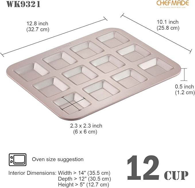 CHEFMADE Financier Cake Pan, 12-Cavity Non-Stick Square Muffin Pan Biscuits Cookies Bakeware for Oven Baking (Champagne Gold