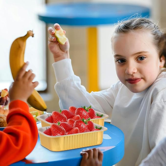 LNYZQUS 50 Pack 1.5lb Small Foil Pans with Lids, 7” x 5” Individual Baking Tins Leftover Containers,24oz Aluminum To Go Baked Food Containers Large Loaf Cake Pans Take Out Holders-Gold