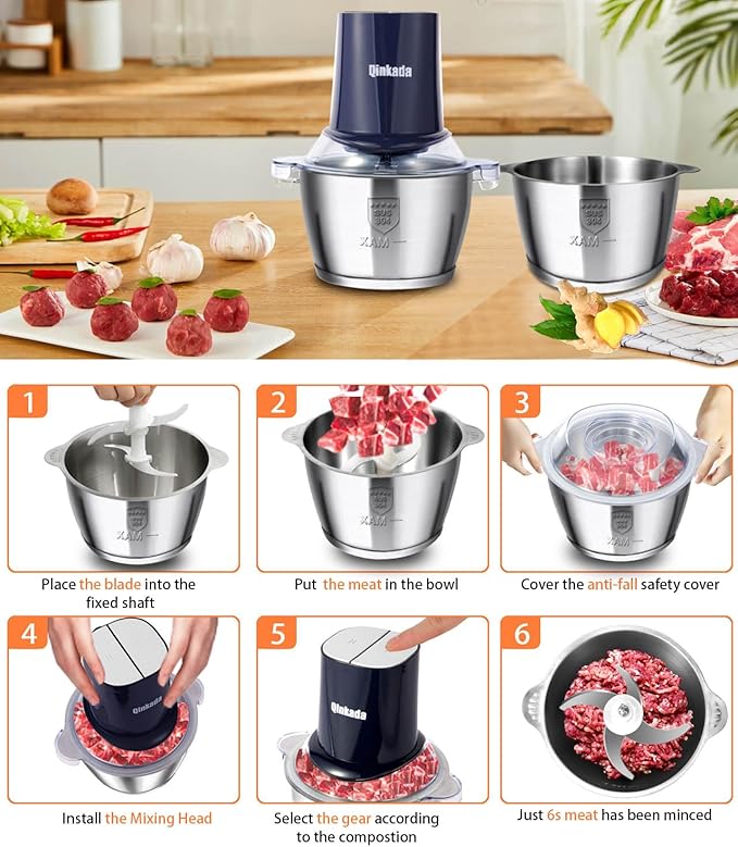 Food Processors with 2 Bowls, 400 W Meat Grinder, Food Chopper Electric, 2 Speed, 2 Pcs 8 Cup 304 Stainless Steel Bowls, 2 Blade and Spatula (Blue 2)
