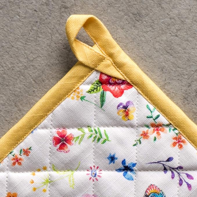 Maison d' Hermine Pot Holders Set 100% Cotton Heat Resistant Potholders 8" x 8" Hot Pads with Loop BBQ, Cooking, Grilling, Kitchen, Handling Hot Pans Spring/Summer (Pack of 2, Happy Florals - Sweety)