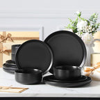 MALACASA Plates and Bowls Sets, 12 Pieces Porcelain Dinnerware Set for 4 Kitchen Dinner Ware Set Ceramic Dishware Dishes Microwave and Dishwasher Safe, Black, Series LUNA