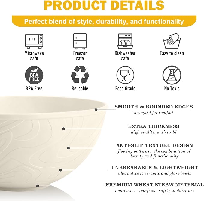 Unbreakable Wheat Straw Kitchen Cereal Bowl 40 OZ, Microwave & Dishwasher Safe Bowls, Alternative Plastic Bowls for Kitchen, Outdoors, RV, Camping, Patio, Set of 6, Beige