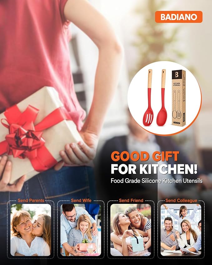 Silicone Cooking Spoons, Great for Scooping Sides and Serving Hearty Stews, BPA-Free Matte Silicone, Wooden Handle Serving Spoon for Nonstick Cooking Surfaces (Red)