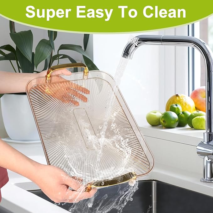 3 Pack Serving Tray with Handles, Stackable Reusable Trays for Serving Food, Plastic Serving Platters for Party, Charcuterie, Fruit, Appetizer, Amber Gold