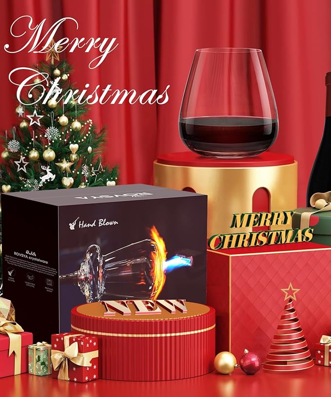 Stemless Wine Glasses Set of 4, 15oz Hand Blown Crystal Red White Wine Glass, Ideal for Daily Use and Special Days, Perfect Gifts for Both Men and Women, Father's Day