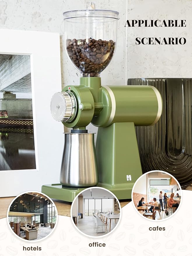 Huanyu Electric Coffee Bean Grinder 250G Commercial&Home Milling Grinding Machine 200W Automatic Burr Grinder Professional Miller 8 Fine - Coarse Grind Size Settings (Green)