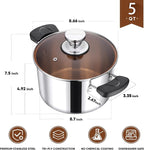E-far 5Qt Stockpot, 3-Ply Stainless Steel Stock Pot with Glass Lid & Stay-Cool Handles for Cooking Simmering Soup Stew, Heavy Duty Cookware Works w/Induction, Non-toxic & Dishwasher Safe