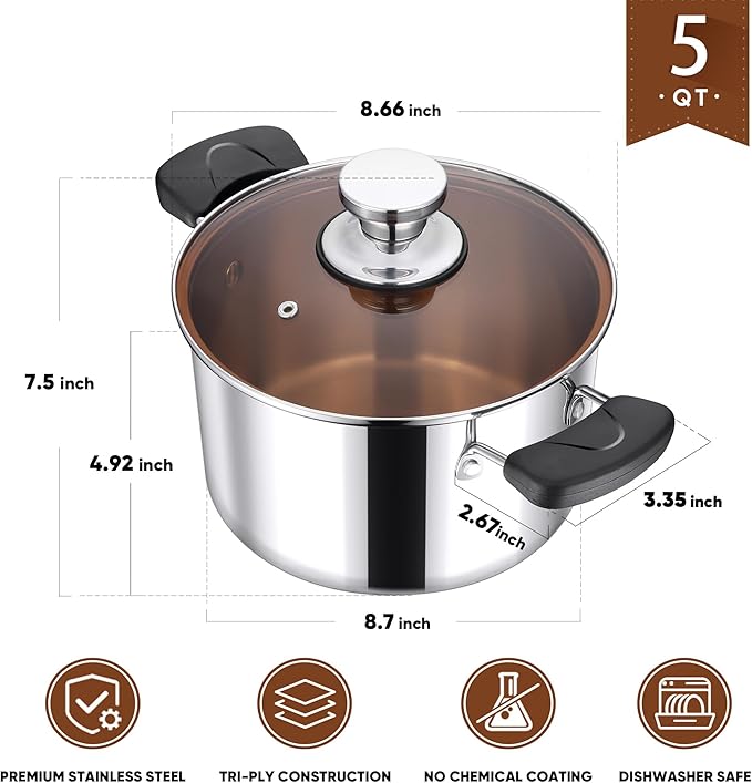 E-far 5Qt Stockpot, 3-Ply Stainless Steel Stock Pot with Glass Lid & Stay-Cool Handles for Cooking Simmering Soup Stew, Heavy Duty Cookware Works w/Induction, Non-toxic & Dishwasher Safe