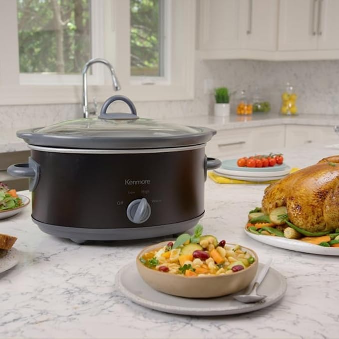 Kenmore 5 Quart Slow Cooker - Mini Crock Pot With Glass Lid, Stainless Steel Electric Cookers, Warm Rice & Sous Vide Stew, Soup, Lunch, Dishwaher Safe Non-Stick Ceramic Insert, 5 lb Chicken 3 lb Roast