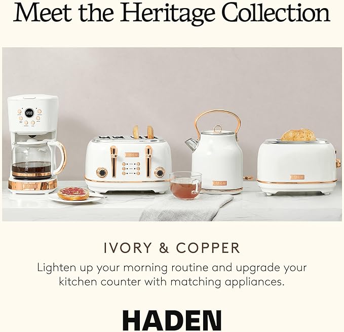 Haden Heritage 1.7 Liter Stainless Steel Electric Kettle, Hot Water Kettle with 360-Degree Base and Auto Shutoff, Ivory & Copper