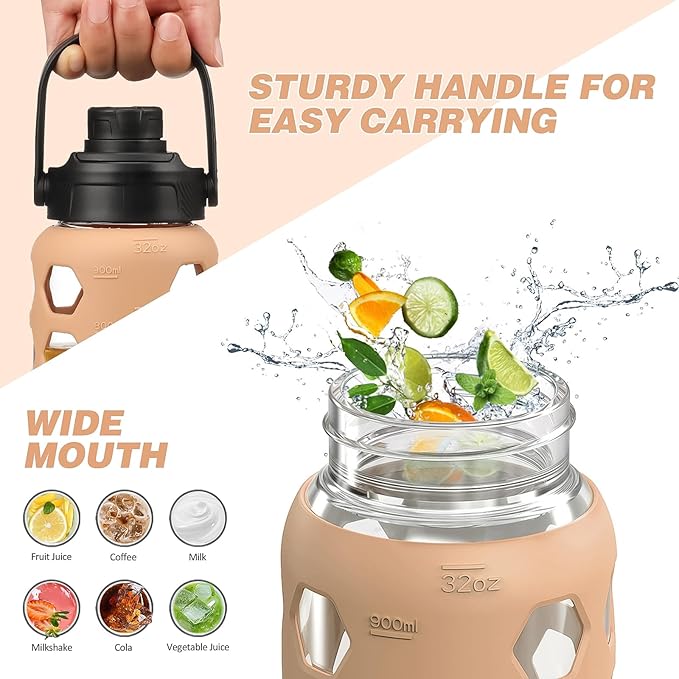 MUKOKO Glass Water Bottles, 32oz Glass Tumbler with Straw, Drinking Bottles with 2 Lids-Handle Spout Lid&Bamboo Straw Lid, Motivational Water Bottle with Time Marker and Silicone Sleeve, 1 Pack-Amber