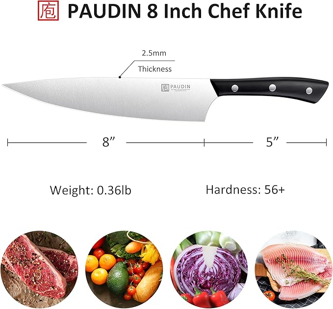 PAUDIN Chef Knife, 8 Inch Kitchen Knife, Ultra Sharp Knife - High Carbon Stainless Steel, Professional Chefs Knife, Ergonomic Handle with Three Rivets, Kitchen Gadgets with Premium Gift Box