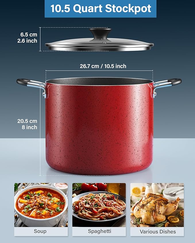 Cook N Home Nonstick Stockpot with Lid 10.5-QT, Professional Deep Cooking Pot Canning Cookware Stock Pot with Glass Lid, Marble Red