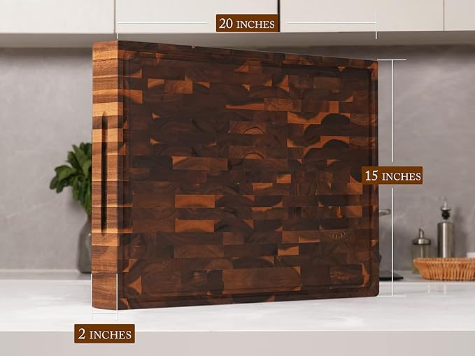 AZRHOM Extra Large Thick Walnut Wood End Grain Cutting Board 20x15x2 In, Wooden Butcher Block, Chopping Board For Kitchen with Juice Groove Handles Non-Slip Pats (Gift Box)
