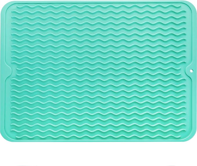 Silicone Dish Drying Mat for Multiple Usage,Easy clean,Eco-friendly,Heat-resistant Silicone Mat for Kitchen Counter or Sink,Refrigerator or drawer liner Mint L 16 inches x 12 inches