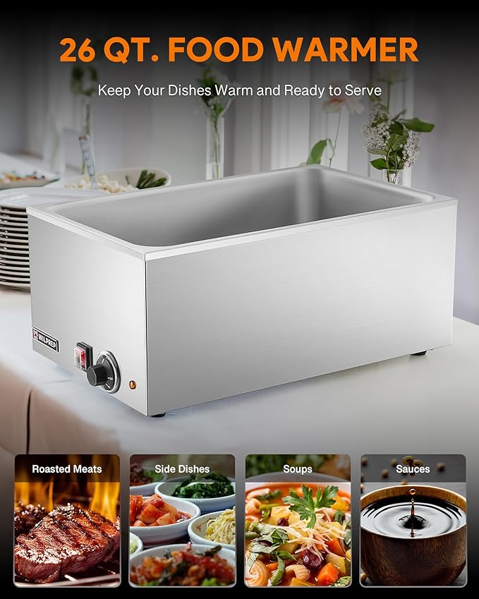 WILPREP Single-Well Commercial Food Warmer, ETL Listed Electric Warmer for Food with Adjustable Temp. & Automatic Shutoff, Stainless Steel Hot Food Well Food Heating Unit for Buffet Hotel Catering