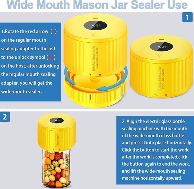 Electric Mason Jar Vacuum Sealer Kit for Wide Mouth and Regular Mouth Mason Jar - Yellow