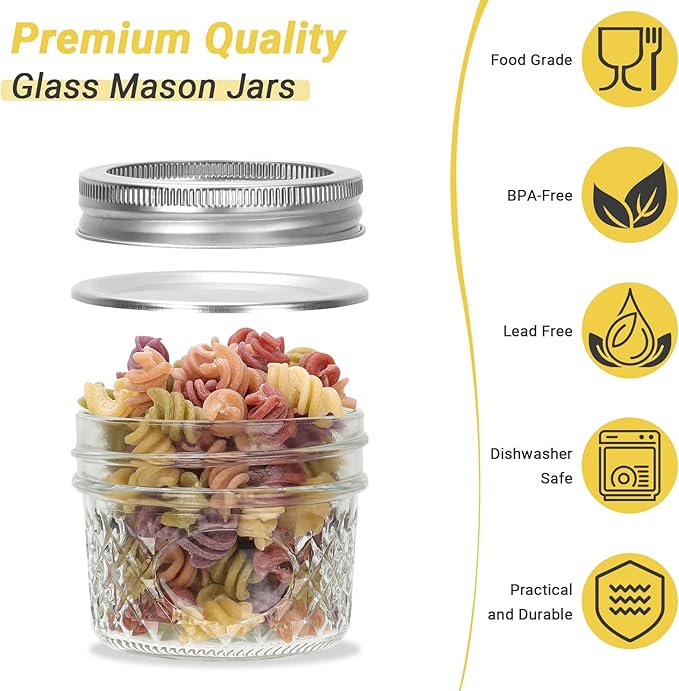 4 oz Glass Small Mason Jars, 40 Pack Regular Mouth Glass Canning Jars with Silver Aluminum Lids and Bands, Airtight Jam Jars for Food Storage, Fermenting, Honey, Dessert, DIY Candles Decor