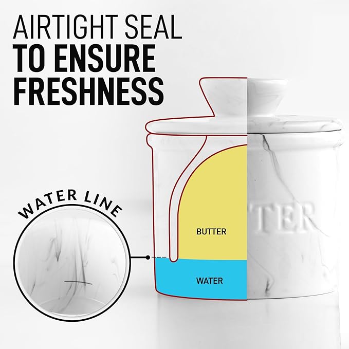 Zulay Kitchen Porcelain Butter Crock With Lid & Knife - Authentic French Butter Dish For Fresh & Spreadable Butter - Marble