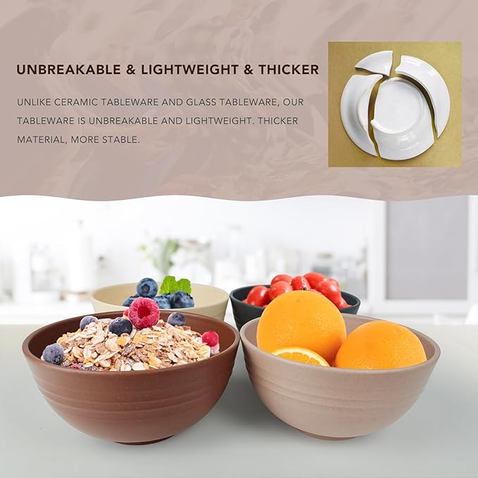 greenandlife 24oz/4PCS Wheat Straw Cereal Bowls, Lightweight Unbreakable Noodle Fruit Soup Rice Bowls Dishwasher Microwave Safe Bowl Sets, Non-toxin, BPA Free, Earth Tone