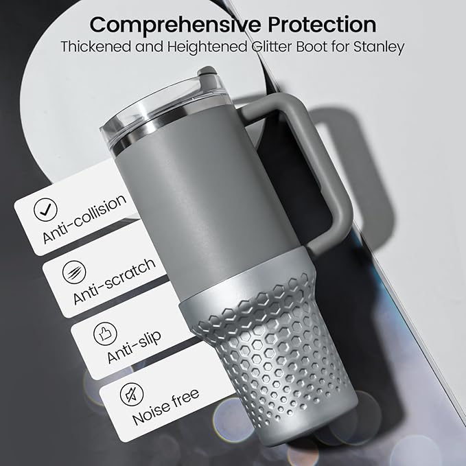 Metallic Glitter Boot for Stanley, Silicone Protector Sleeve Accessories for Stanley Quencher H2.0 FlowState Tumbler 40oz / Stanley Adventure Quencher Tumbler 40oz (Silver)