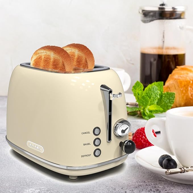 Toaster 2 slice, KitchMix Retro Stainless Steel Toaster with 6 Settings, 1.5 In Extra Wide Slots, Bagel/Defrost/Cancel Function, Removable Crumb Tray (Cream)