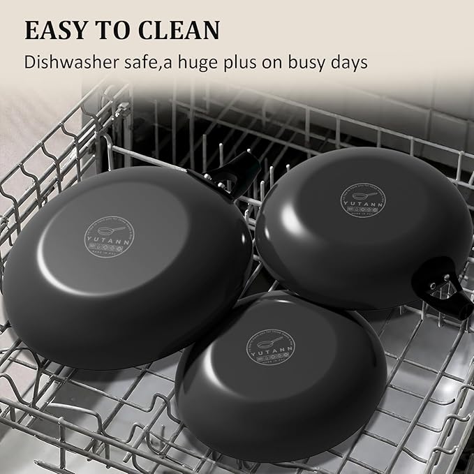 YUTANN Nonstick Frying Pan Set, 8" 10" 12" Ceramic Frying Pans, Pre-seasoned Cast Iron Pan Cookware Set with Removable Handle, Dishwasher Safe, Free of PFAS & PFOA, Compatible with All Stovetops