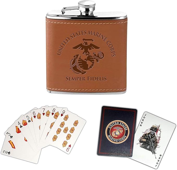 Marine Corps Flask & Card Set - Leather-Wrapped USMC Flask with Rank Playing Cards – Marine Corps Gifts | Disabled USMC Vet Owned SMALL Business