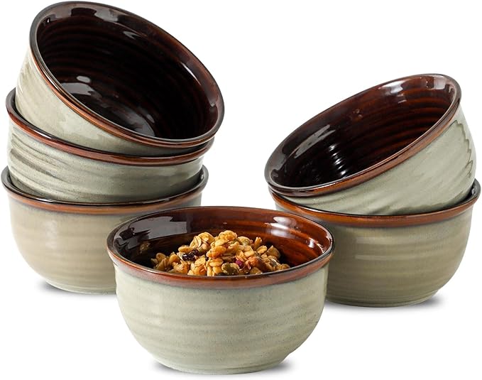 MEKY 20oz Ceramic Cereal Bowls Set of 6, Stackable Soup Bowls for Oatmeal, Ice Cream and Pasta Everyday Use, Microwave & Dishwasher Safe, Modern & Durable, Brown