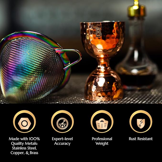 Hammered Bell Jigger by Bull In China - Premium 100% Brass with 0.25oz to 2oz Measures for Cocktails, Bars & Bartenders