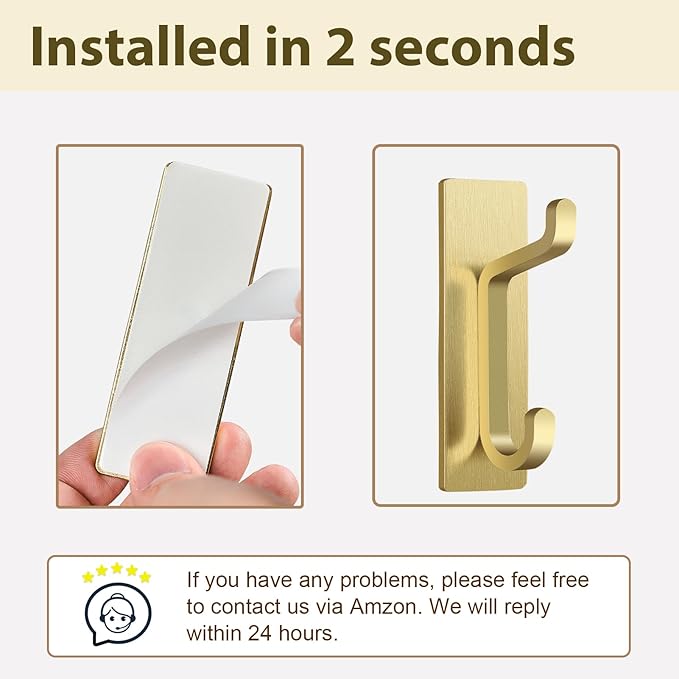 Self Adhesive Wall Hooks for Hanging: Extra Strong 13 LB, Hook for Coat, Towel in Bathrooms, Shower, Kitchen, Wall, Door Hook, Gold 12 Pack