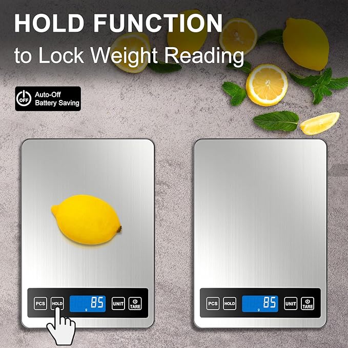 Fuzion Food Scale, 1g/0.1oz Digital Kitchen Scale - 22lb, 7 Units, Tare & PCS, Rechargeable Power, Tempered Glass & Stainless Steel - Food Weight Scale Grams and Ounces for Cooking, Baking