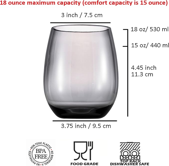 KX-WARE Unbreakable 18-ounce Acrylic Stemless Wine Glasses All Purpose Plastic Tumbler, set of 6 Gray Dishwasher Safe BPA Free Classic Style