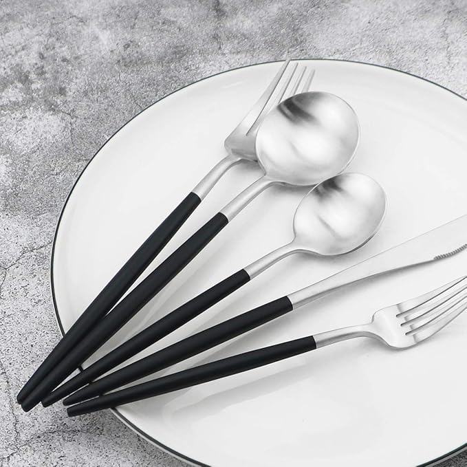 Gugrida 20-Piece 18/10 Stainless Steel Flatware Silverware, Luxury Dinnerware Set Travel Cutlery Tableware Include Knife Fork Spoon Service for 4, Dishwasher Safe (Black Handle Matte Silver)