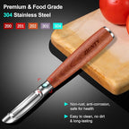 Vegetable Peeler Stainless Steel, Premium Potato Peelers for Kitchen, Ultra Sharp Rotary Blade Fruit & Veggie Peeler, Apple Peeler, I Shaped Peeler Real Wood Non-Slip Handle（5 Years Warranty）