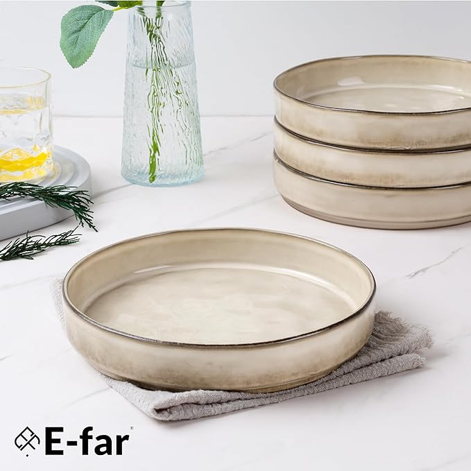 E-far Pasta Bowls Set of 4, 30oz Shallow Salad Bowls for Dinner Serving, 8.25" Stoneware Ceramic Bowl Plates for Noodle Soup, Microwave & Dishwasher Safe, Reactive Glaze, Khaki