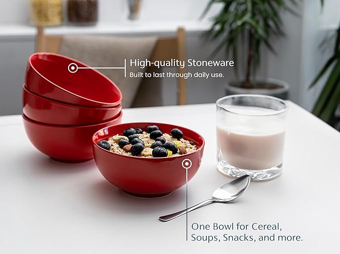 KooK Soup Bowls, Cereal Bowl, Ceramic, Bowls for Kitchen, Microwave, Dishwasher and Freezer Safe, Porcelain Dishes for Pasta, Salad, Oatmeal, Deep Interior, 20 oz, Set of 6, (Red)