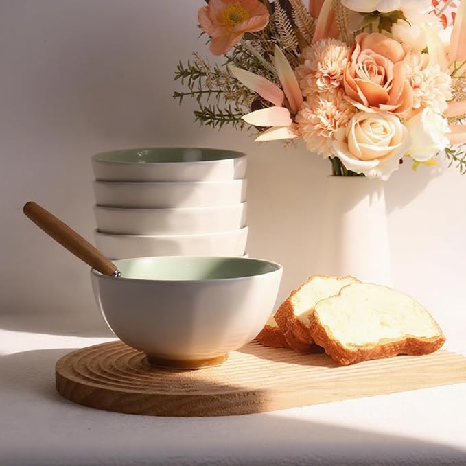 6-Piece Pasta Bowls 24 oz, Green Porcelain Bowls 6 inch, Microwave Oven Dishwasher Safe Scratch Resistant