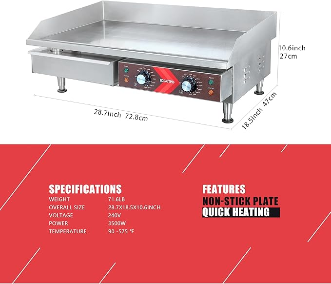 Commercial Electric Griddle 29 Inch Large Countertop Griddle Non-Stick Flat Top Grill Stainless Steel Teppanyaki Griddle with Adjustable Temperature 90℉-575℉ for Restaurant Use 240V 3500W