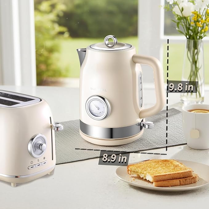 Retro Electric Kettle, 1.7L 304 Stainless Steel Tea Kettle with Temperature Gauge, 1500W Fast Boiling Water Boiler,Auto Shut-Off & Boil-Dry Protection, BPA-Free, Beige