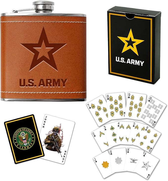 US Army Flask & Card Set | Leather-Wrapped Flask with Rank Playing Cards | Army Card & Flask Set