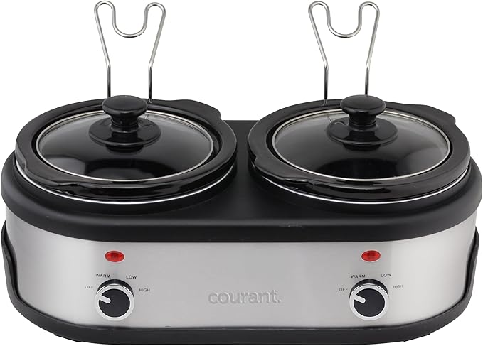 Courant 3.2-Quart Double Slow Cooker(1.6-Qt each) w/Warm Settings, Stainproof Stoneware Pots and Glass Lids – StainlessSteel