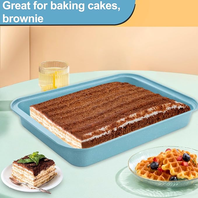 9x13 Baking Pan Set of 2, Nonstick 13 x 9 Cake Pan for Oven, Deep Rectangle Pan for Brownies, Lasagna, Roasting, Blue Carbon Steel Bakeware Gift