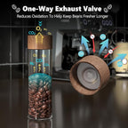 Single Dose Coffee Bean Storage Tubes Coffee Storage Container with One-Way Exhaust Valve,Coffee Bean Cellar 10 Pcs Dosing Glass Vials (2 Oz) Walnut Wood Stand Funnel And Lids