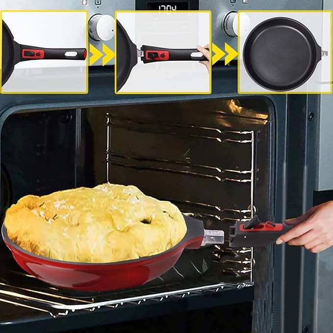 DIIG Nonstick Frying Pan Skillet with Silicone Lid, 10 Inch Saute Pan Omelet Sauce Red Cookware, Oven Safe Chef Pans for Cooking with Detachable Handle, Induction Gas All Stoves Compatible