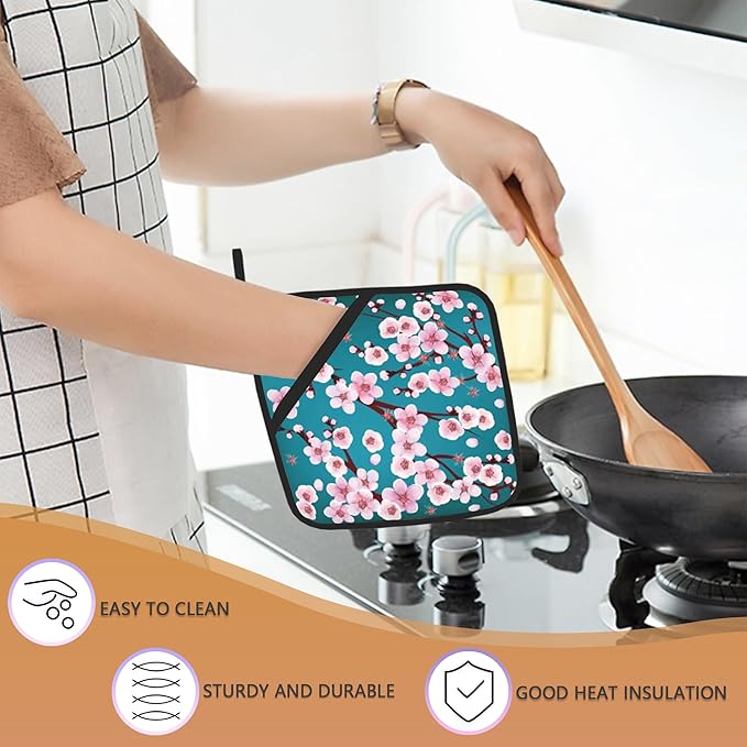 Spring Flowers Pot Holders Set of 2 Heat Resistant Potholders,Cherry Blossom Fire Oven Hot Pads for Kitchen Cooking Baking Barbecue