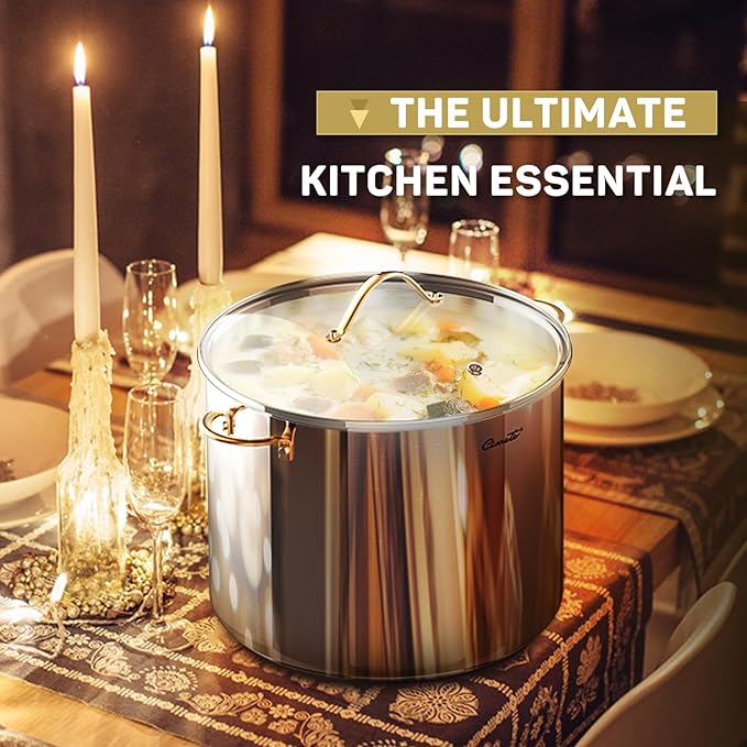 Stock Pot 20 Quart, 3 Ply Stainless Steel Stock Pot with Lid, 20 Quart Soup Pot with Copper Handle, Healthy Stockpots, Induction, Oven, Gas and Dishwasher Safe