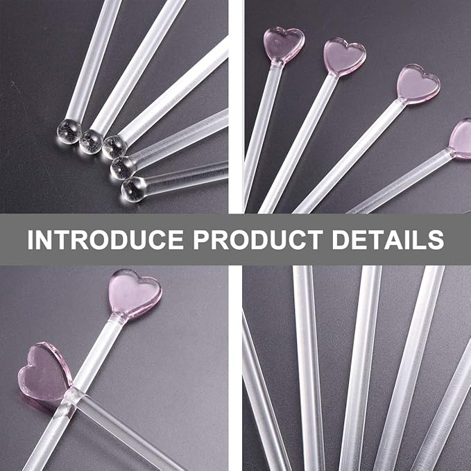 Glass Swizzle Sticks for Cocktails Drinks, 5Pcs Heart Shape Drink Swizzle Sticks Glass Coffee Beverage Cocktail Stirrers Stirring Spoons for Restaurant Home Bar Party